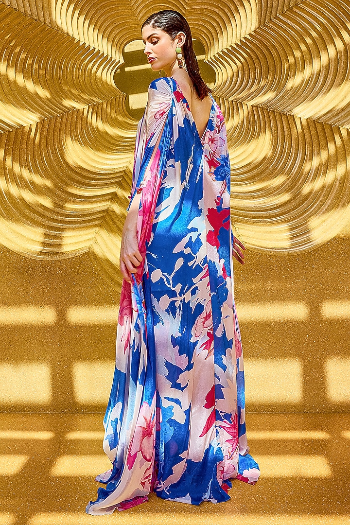 Blue Chiffon Floral Printed Kaftan by Mandira Wirk - Resort at Pernia's Pop Up Shop