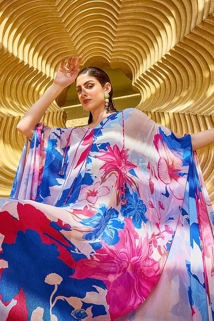 Blue Chiffon Floral Printed Kaftan by Mandira Wirk - Resort at Pernia's Pop Up Shop