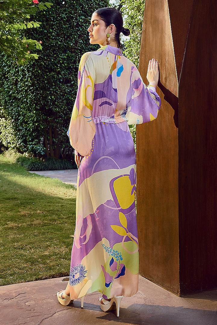 Multi-Colored Modal Satin Printed High-Low Vacation Shirt Dress by Mandira Wirk - Resort at Pernia's Pop Up Shop