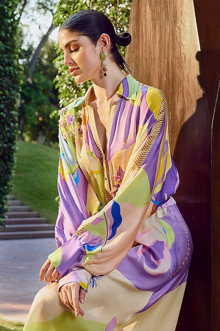 Multi-Colored Modal Satin Printed High-Low Vacation Shirt Dress by Mandira Wirk - Resort at Pernia's Pop Up Shop