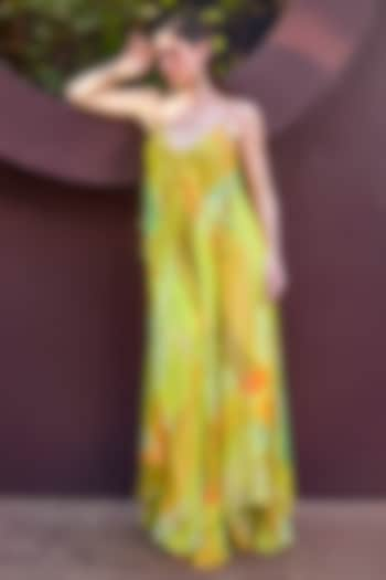 Green Lurex Georgette Printed Maxi Dress by Mandira Wirk at Pernia's Pop Up Shop