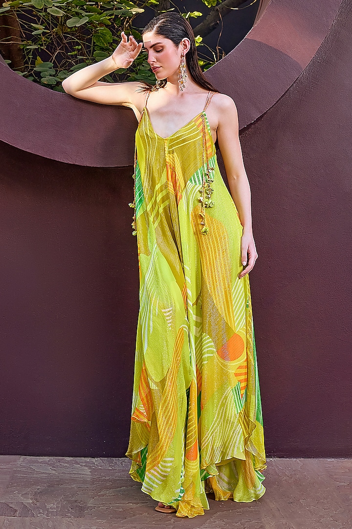 Green Lurex Georgette Printed Maxi Dress by Mandira Wirk at Pernia's Pop Up Shop