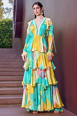 Turquoise Chiffon Printed Layered Maxi Dress by Mandira Wirk - Resort