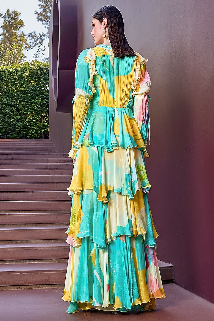 Turquoise Chiffon Printed Layered Maxi Cocktail Dress by Mandira Wirk - Resort at Pernia's Pop Up Shop