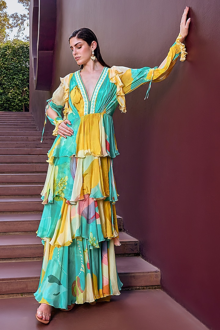 Turquoise Chiffon Printed Layered Maxi Cocktail Dress by Mandira Wirk - Resort at Pernia's Pop Up Shop