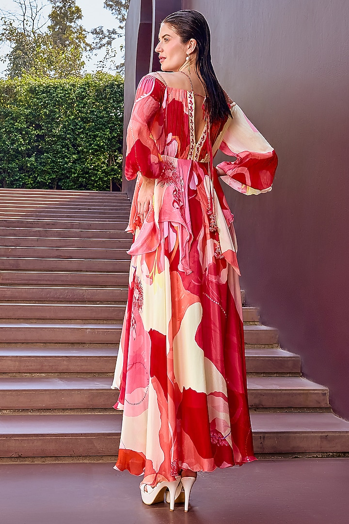 Scarlet Red Chiffon Printed Cut-Out Cocktail Dress by Mandira Wirk - Resort at Pernia's Pop Up Shop