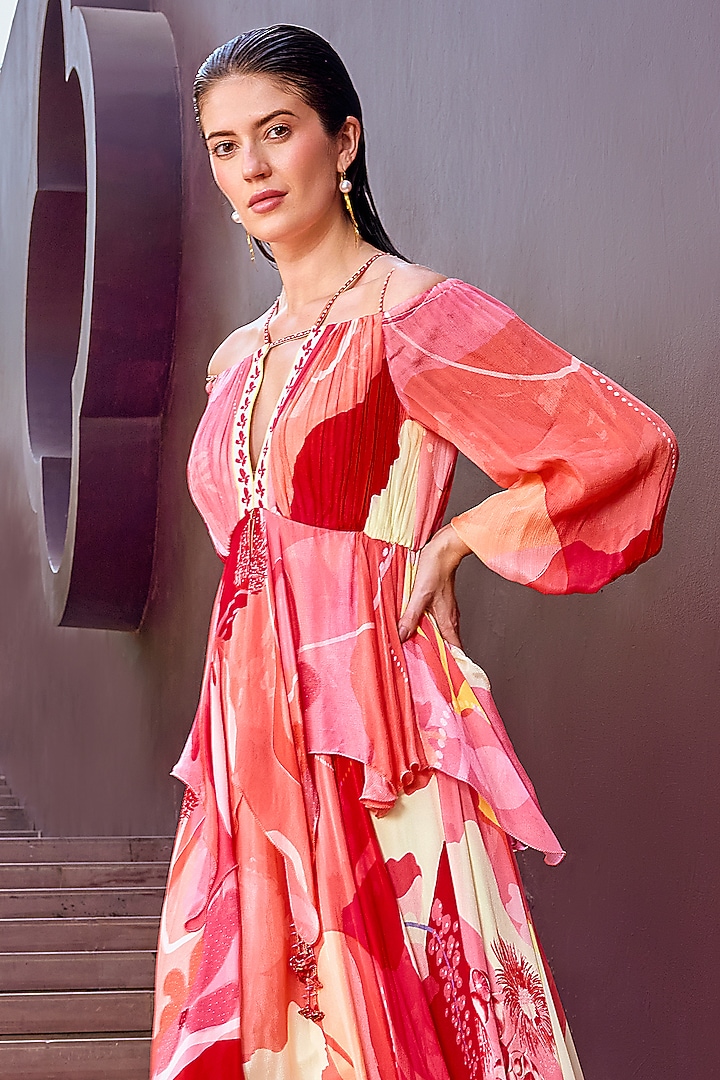 Scarlet Red Chiffon Printed Cut-Out Cocktail Dress by Mandira Wirk - Resort at Pernia's Pop Up Shop