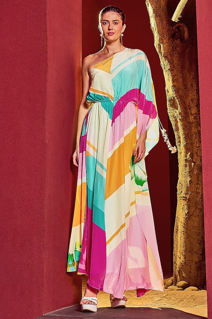 Multi-Colored Viscose Crepe Geometric Printed One-Shoulder Kaftan by Mandira Wirk at Pernia's Pop Up Shop