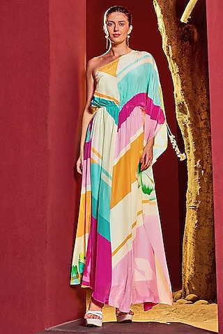 Multi-Colored Viscose Crepe Geometric Printed One-Shoulder Kaftan by Mandira Wirk - Resort