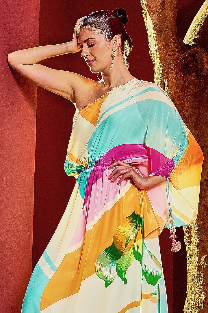 Multi-Colored Viscose Crepe Geometric Printed One-Shoulder Kaftan by Mandira Wirk - Resort at Pernia's Pop Up Shop