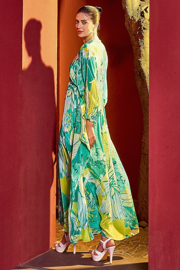Green Glace Viscose Crepe Printed Kaftan Vacation Dress by Mandira Wirk - Resort at Pernia's Pop Up Shop
