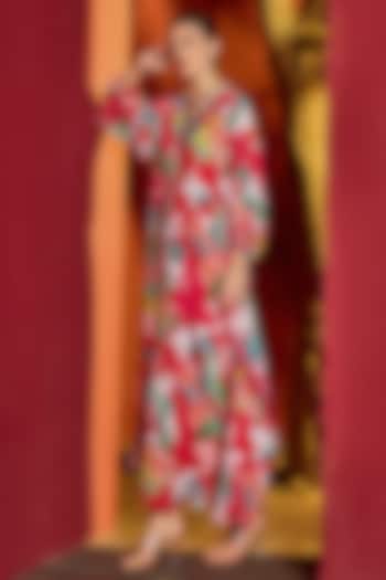 Red Viscose Crepe Floral Printed Asymmetrical Kaftan by Mandira Wirk - Resort at Pernia's Pop Up Shop