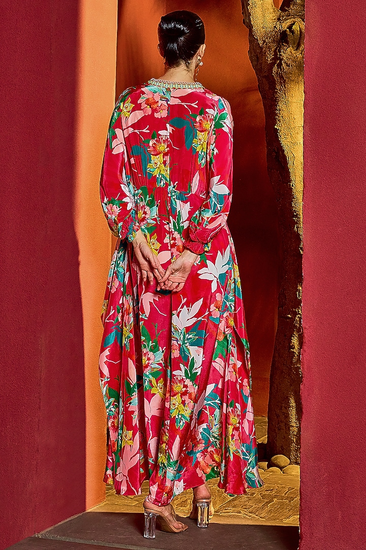 Red Viscose Crepe Floral Printed Asymmetrical Kaftan by Mandira Wirk - Resort at Pernia's Pop Up Shop