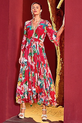 Red Viscose Crepe Printed Kaftan Dress by Mandira Wirk - Resort