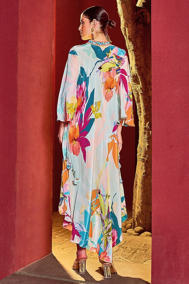 Sky Blue Viscose Crepe Printed Asymmetrical Kaftan Vacation Dress by Mandira Wirk - Resort at Pernia's Pop Up Shop