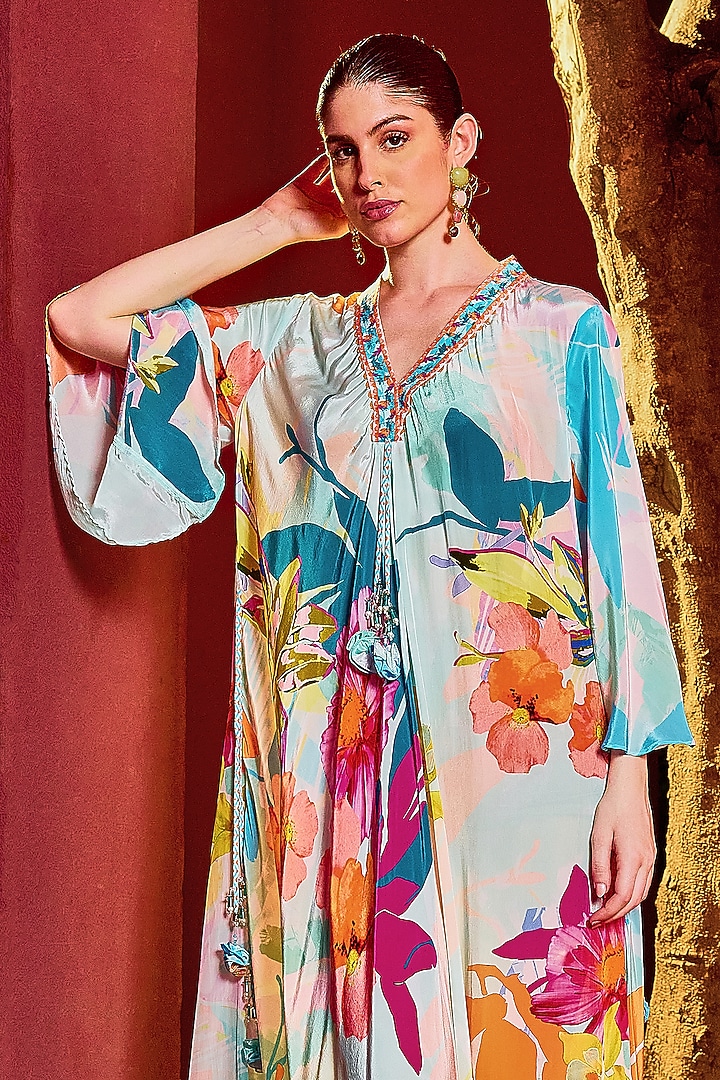 Sky Blue Viscose Crepe Printed Asymmetrical Kaftan Vacation Dress by Mandira Wirk - Resort at Pernia's Pop Up Shop