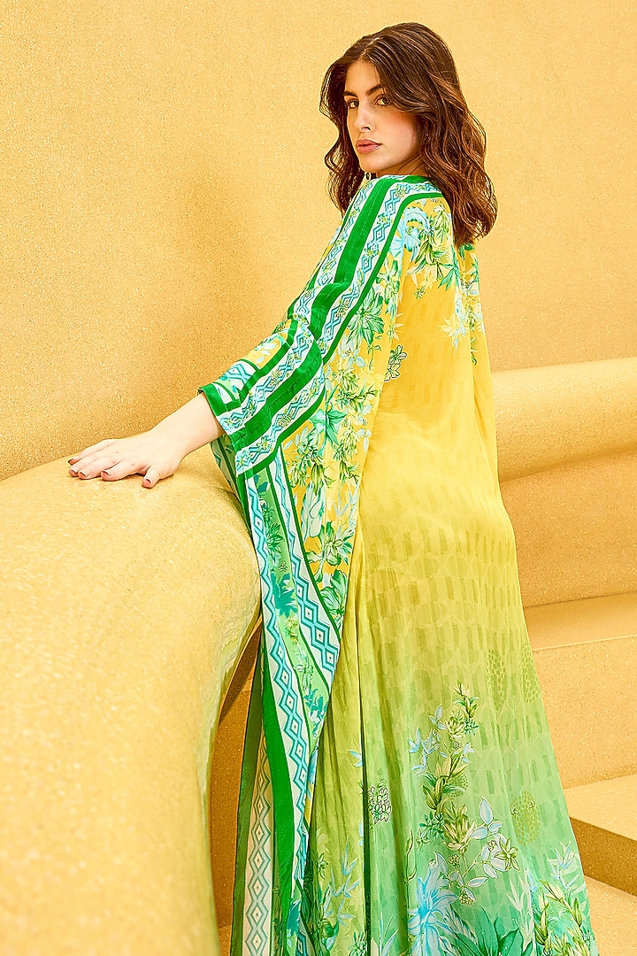 Yellow & Green Ombre Crepe Floral Printed Kaftan by Mandira Wirk - Resort at Pernia's Pop Up Shop