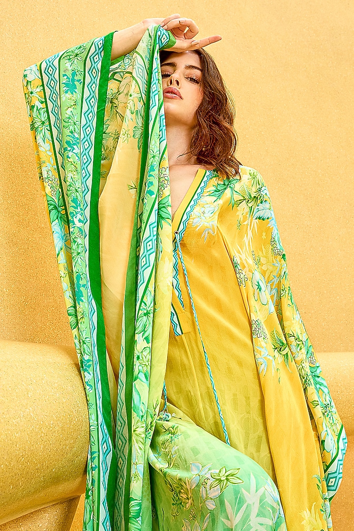 Yellow & Green Ombre Crepe Floral Printed Kaftan by Mandira Wirk - Resort at Pernia's Pop Up Shop