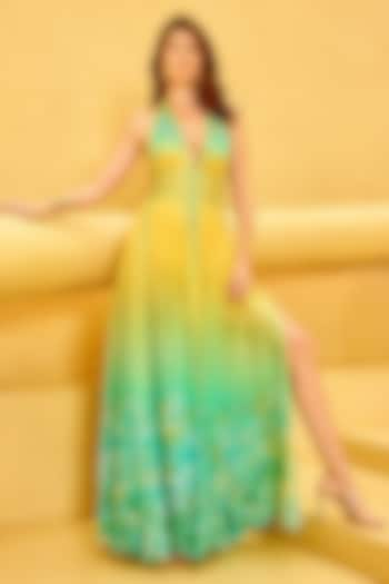 Green &v Yellow Chiffon Floral Printed Ombre Gown by Mandira Wirk at Pernia's Pop Up Shop