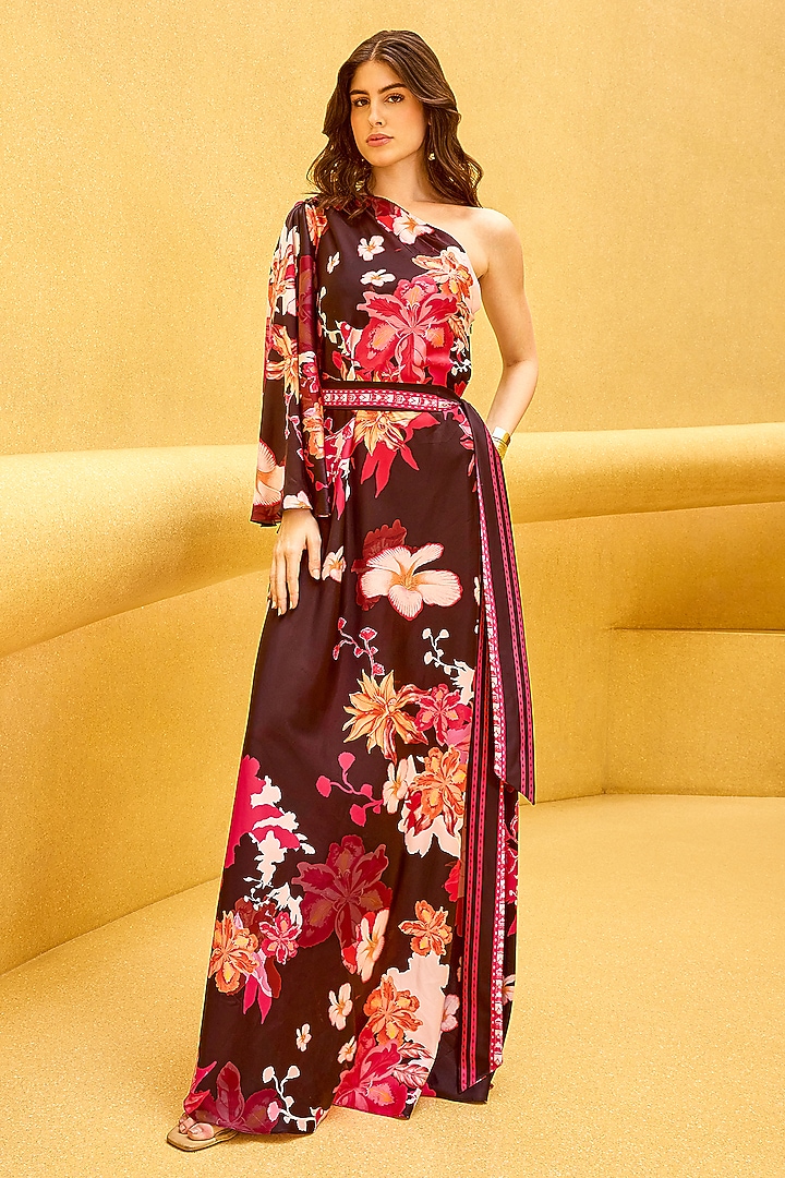 Black Armani Satin Floral Printed One-Shoulder Kaftan by Mandira Wirk - Resort at Pernia's Pop Up Shop
