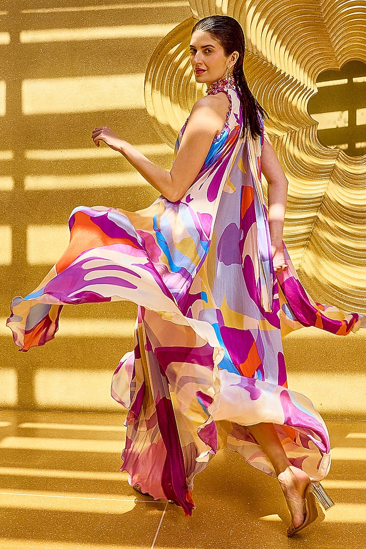 Purple Chiffon Abstract Printed High-Neck Party Wear Gown by Mandira Wirk - Resort at Pernia's Pop Up Shop