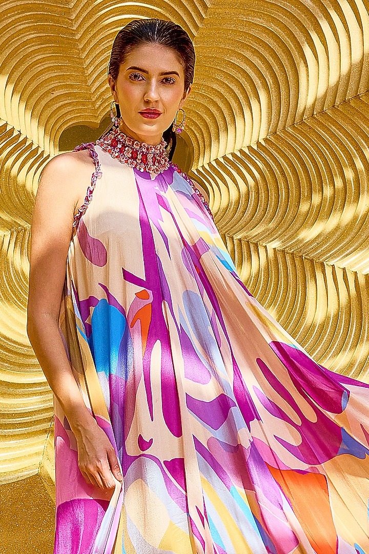 Purple Chiffon Abstract Printed High-Neck Party Wear Gown by Mandira Wirk - Resort at Pernia's Pop Up Shop