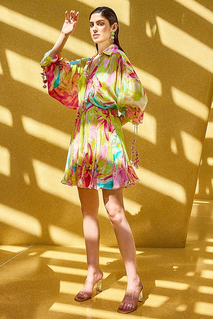 Multi-Colored Chiffon Printed Mini Shirt Dress by Mandira Wirk at Pernia's Pop Up Shop