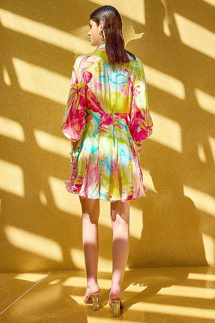 Multi-Colored Chiffon Printed Mini Vacation Shirt Dress by Mandira Wirk - Resort at Pernia's Pop Up Shop