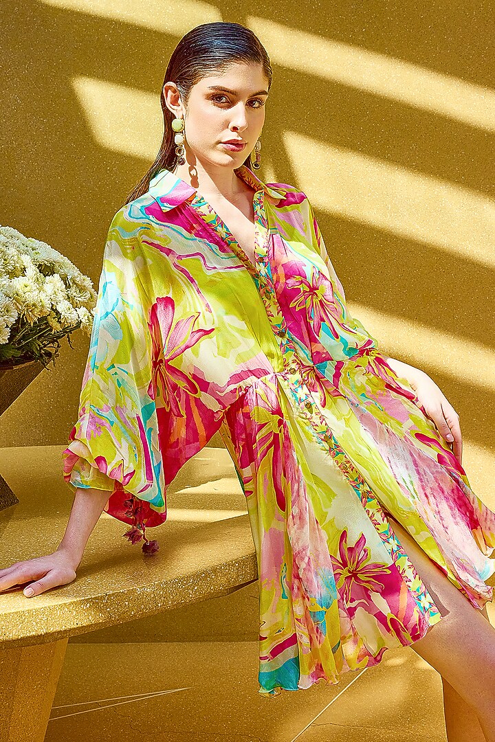 Multi-Colored Chiffon Printed Mini Vacation Shirt Dress by Mandira Wirk - Resort at Pernia's Pop Up Shop