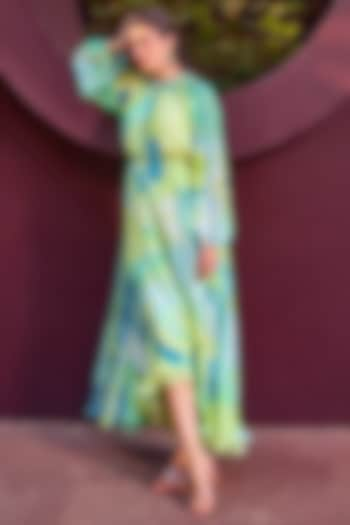 Green Chiffon Printed Asymmetrical Maxi Dress by Mandira Wirk - Resort at Pernia's Pop Up Shop