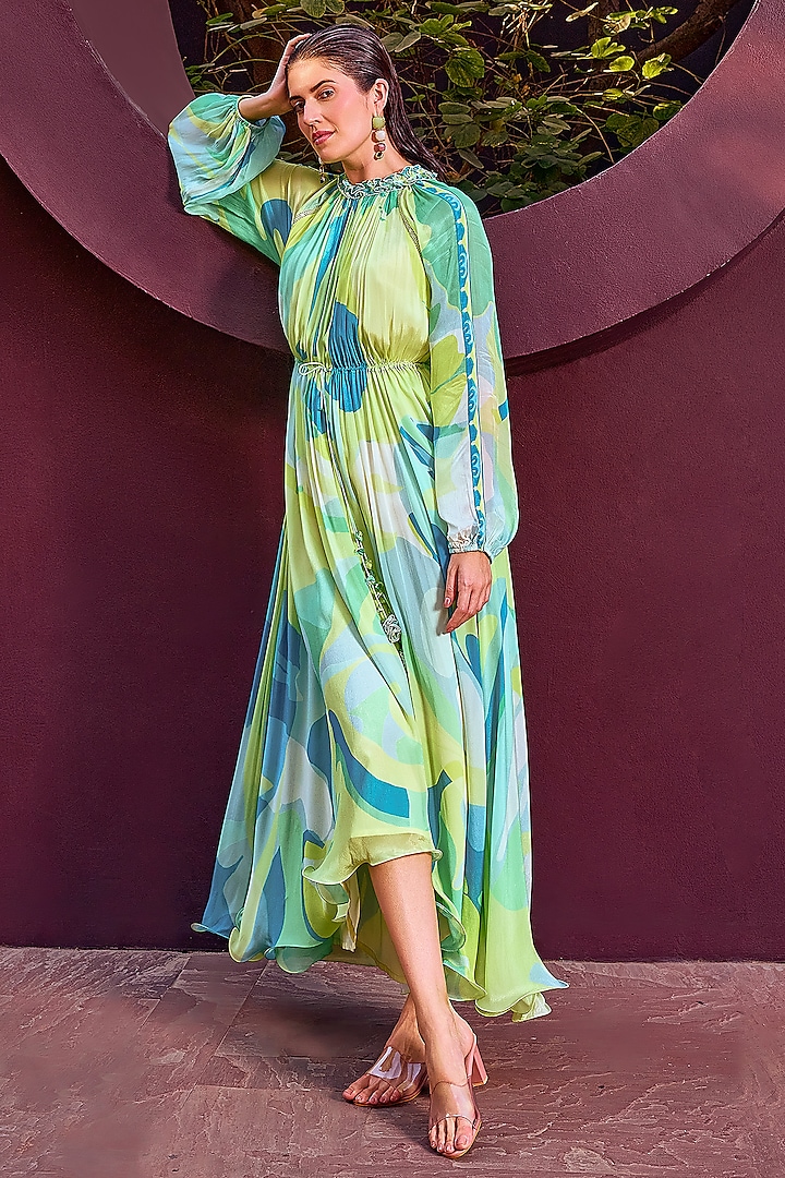 Green Chiffon Printed Asymmetrical Maxi Dress by Mandira Wirk - Resort at Pernia's Pop Up Shop