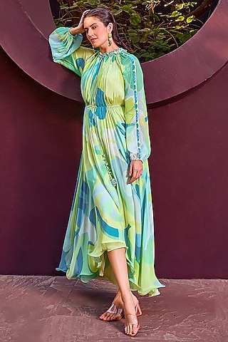 Green Chiffon Printed Asymmetrical Maxi Dress by Mandira Wirk - Resort