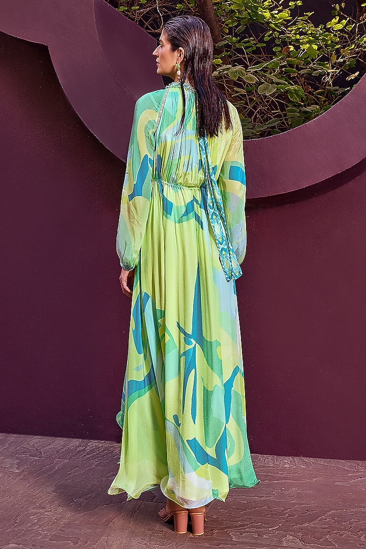 Green Chiffon Printed Asymmetrical Maxi Cocktail Dress by Mandira Wirk - Resort at Pernia's Pop Up Shop