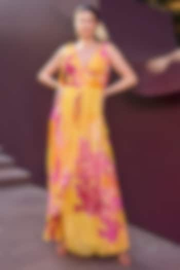 Ochre Lurex Georgette Floral Printed Maxi Dress by Mandira Wirk - Resort at Pernia's Pop Up Shop