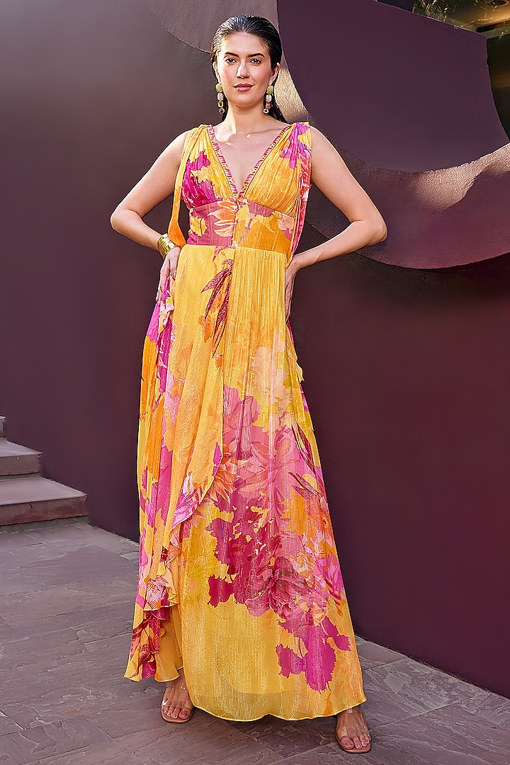 Ochre Lurex Georgette Floral Printed Maxi Dress by Mandira Wirk - Resort at Pernia's Pop Up Shop