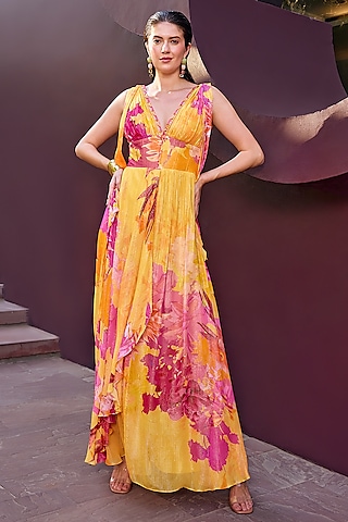 Ochre Lurex Georgette Floral Printed Maxi Dress by Mandira Wirk - Resort