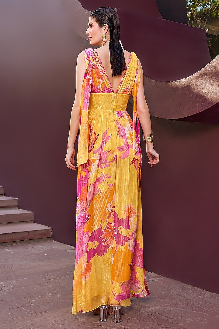 Ochre Lurex Georgette Floral Printed Maxi Cocktail Dress by Mandira Wirk - Resort at Pernia's Pop Up Shop