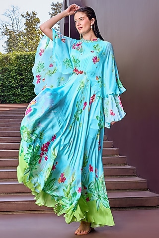 Light Blue Chiffon Floral Printed Maxi Dress by Mandira Wirk - Resort