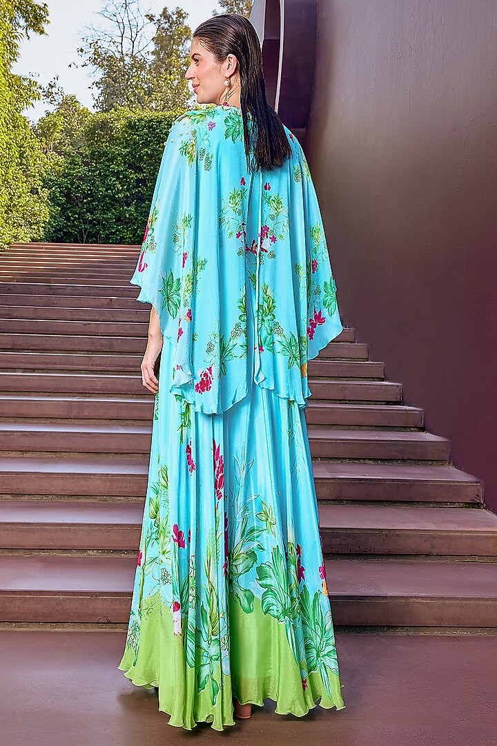 Light Blue Chiffon Floral Printed Maxi Cocktail Dress by Mandira Wirk - Resort at Pernia's Pop Up Shop