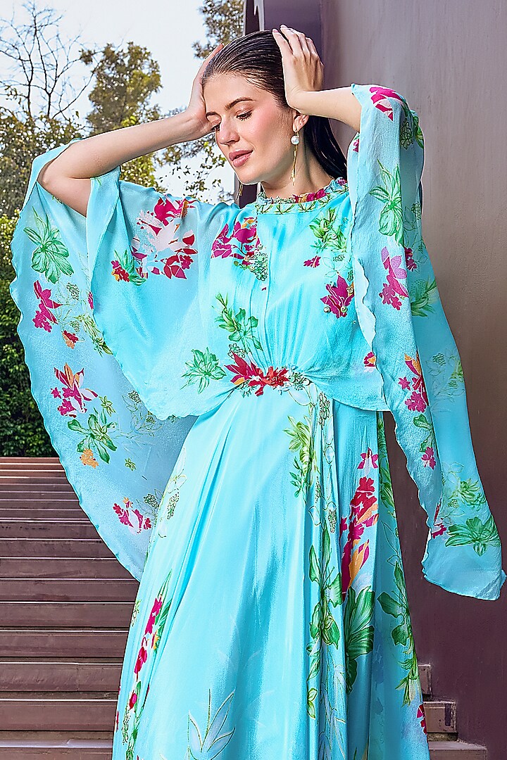 Light Blue Chiffon Floral Printed Maxi Cocktail Dress by Mandira Wirk - Resort at Pernia's Pop Up Shop