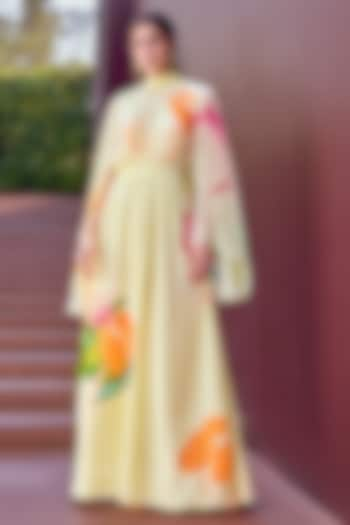 Beige Chiffon Floral Printed Maxi Dress by Mandira Wirk - Resort at Pernia's Pop Up Shop