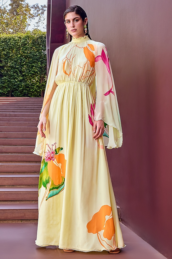 Beige Chiffon Floral Printed Maxi Dress by Mandira Wirk - Resort at Pernia's Pop Up Shop