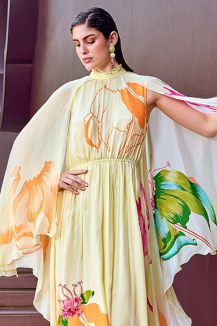 Beige Chiffon Floral Printed Maxi Vacation Dress by Mandira Wirk - Resort at Pernia's Pop Up Shop