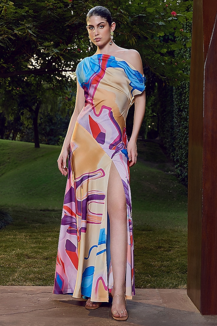 Multi-Colored Armani Satin Printed One-Shoulder Maxi Dress by Mandira Wirk - Resort at Pernia's Pop Up Shop