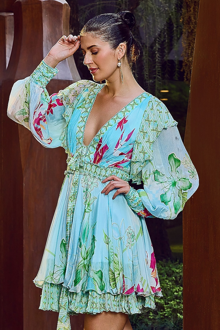 Light Blue Chiffon Floral Printed Mini Vacation Dress by Mandira Wirk - Resort at Pernia's Pop Up Shop