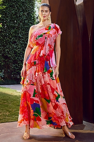 Red Viscose Jacquard Georgette Floral Printed One-Shoulder Dress by Mandira Wirk - Resort
