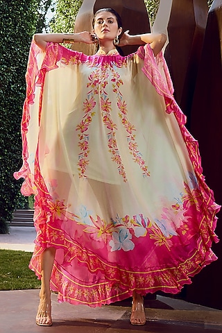 Beige & Pink Chiffon Floral Printed Kaftan by Mandira Wirk - Resort