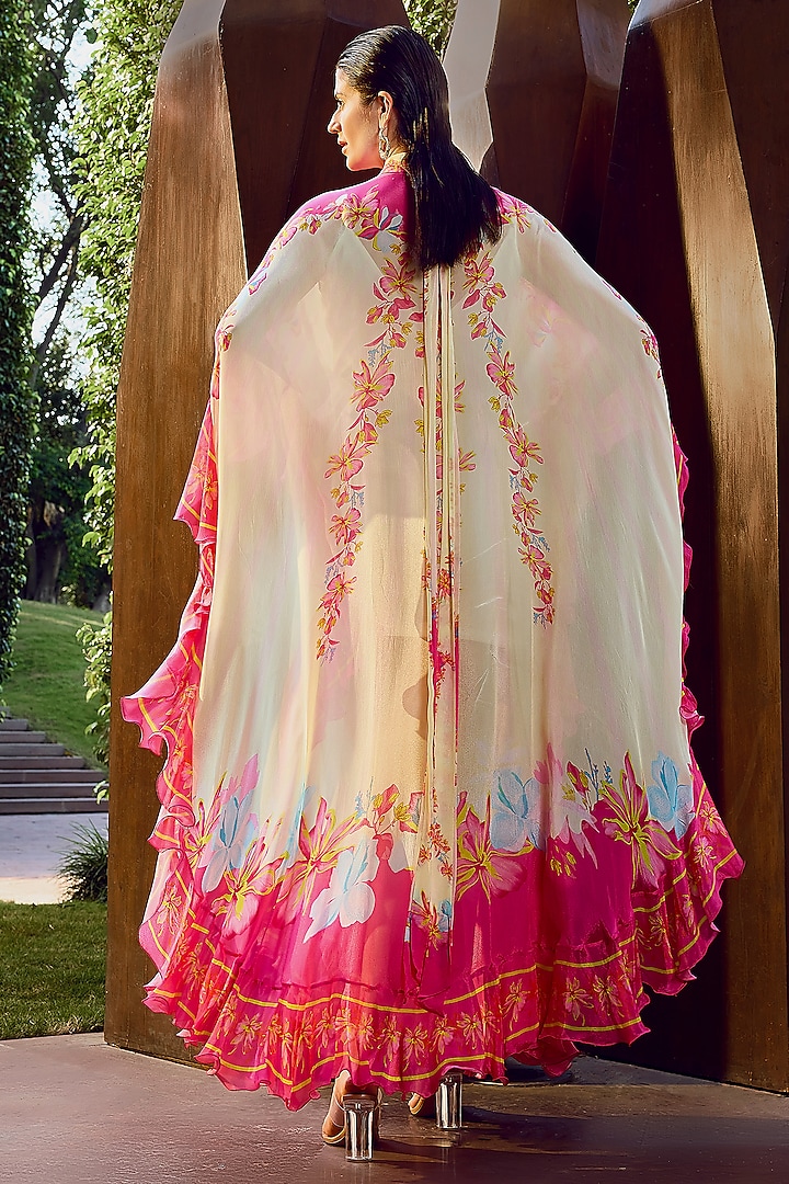Beige & Pink Chiffon Floral Printed Kaftan by Mandira Wirk - Resort at Pernia's Pop Up Shop