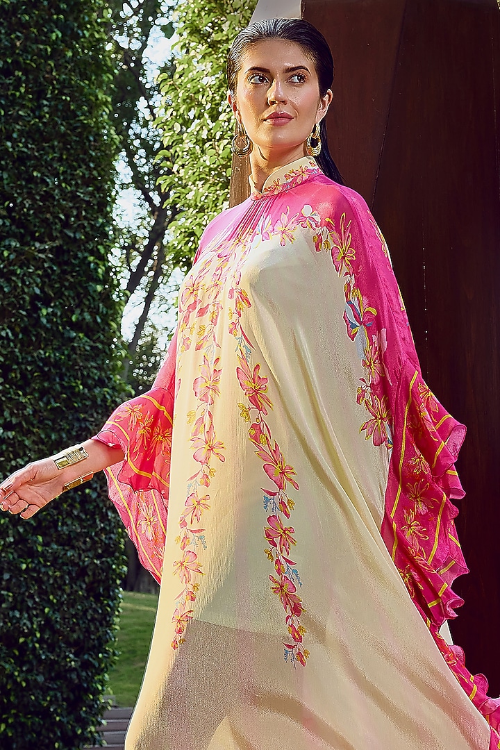 Beige & Pink Chiffon Floral Printed Kaftan by Mandira Wirk - Resort at Pernia's Pop Up Shop
