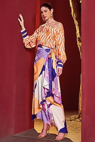 Purple Satin Printed Wrap-Around Skirt Set by Mandira Wirk - Resort